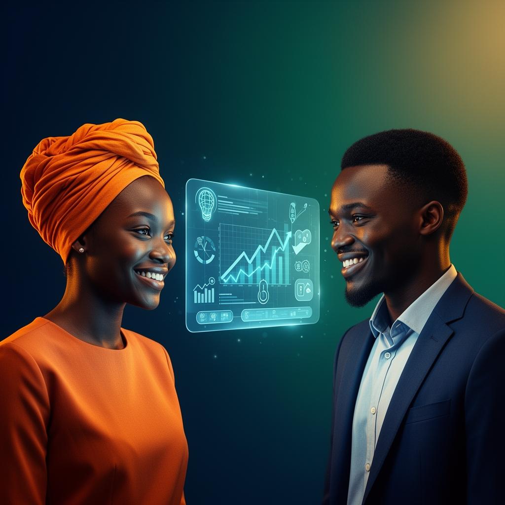 Un coach IA aidant une jeune femme africaine entrepreneure à développer son activité